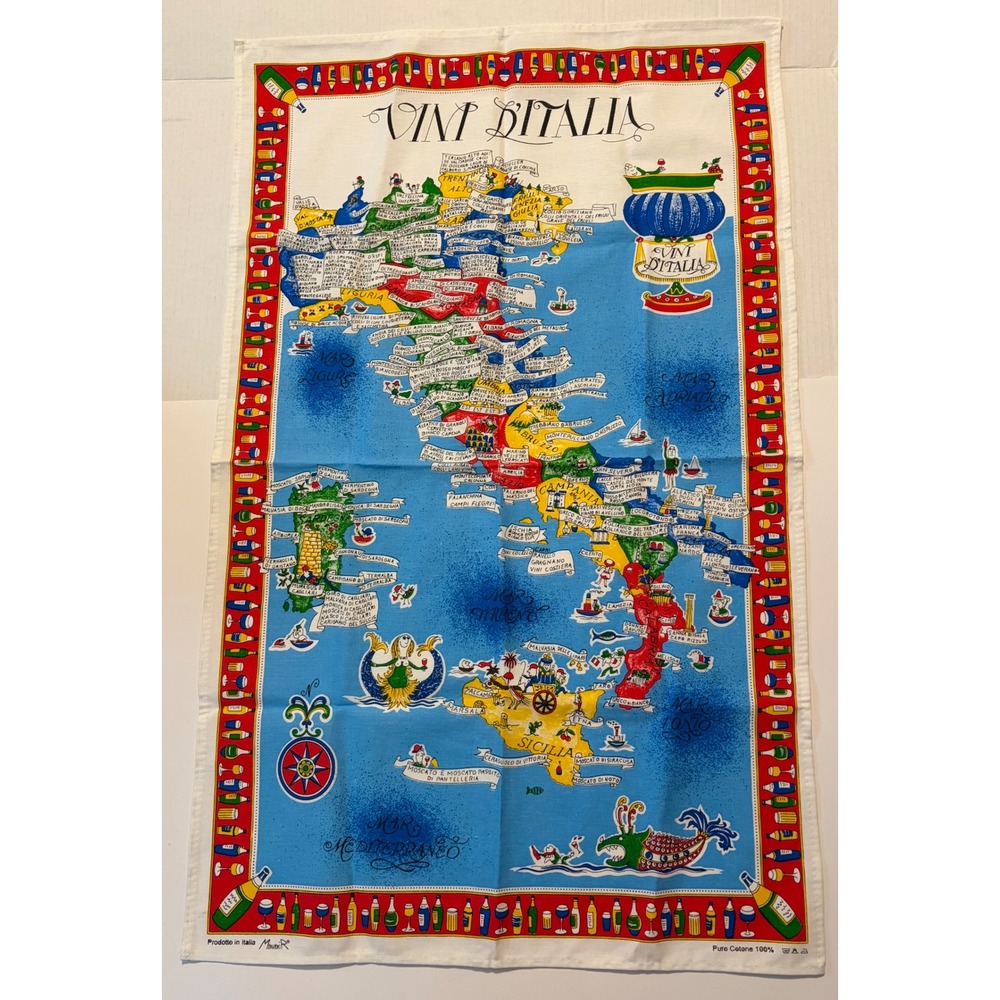 Vintage Italian Wine Map Tea Towel 100% Cotton Made in Italy 20in